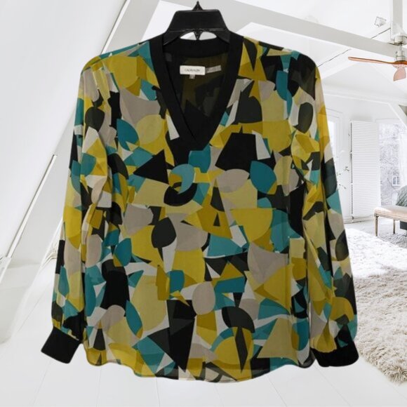 Calvin Klein Abstract Geometric Print Blouse V-Neck Long Sleeve Top Small - Picture 2 of 10